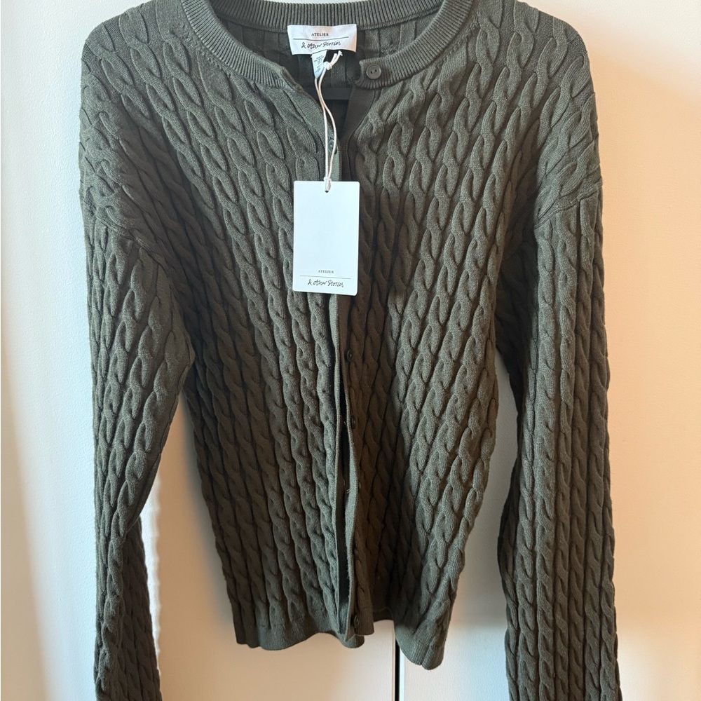 & Other Stories Green Cardigan with Cable Knit Design NWT